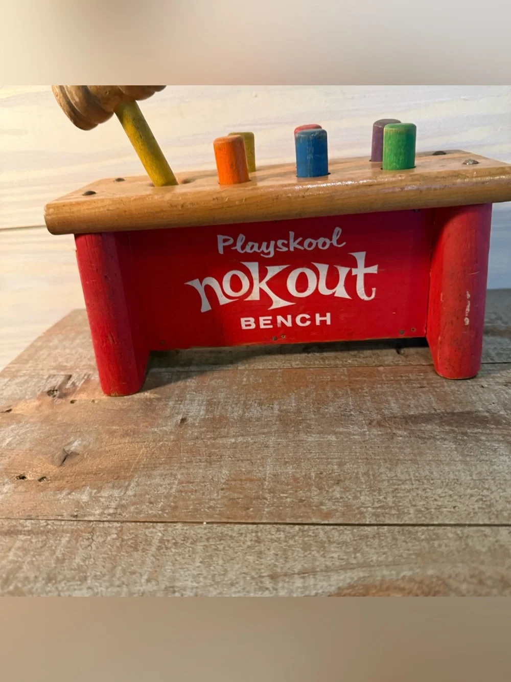 Vintage Playskool Nok Out Bench Wooden Childs Toy Pegs & Hammer Mallet